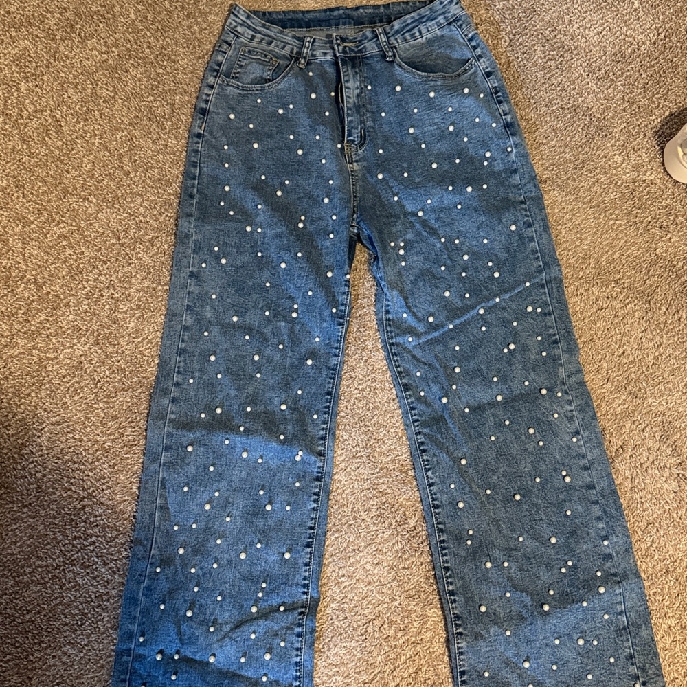 Blue Denim Jeans with White pearls
